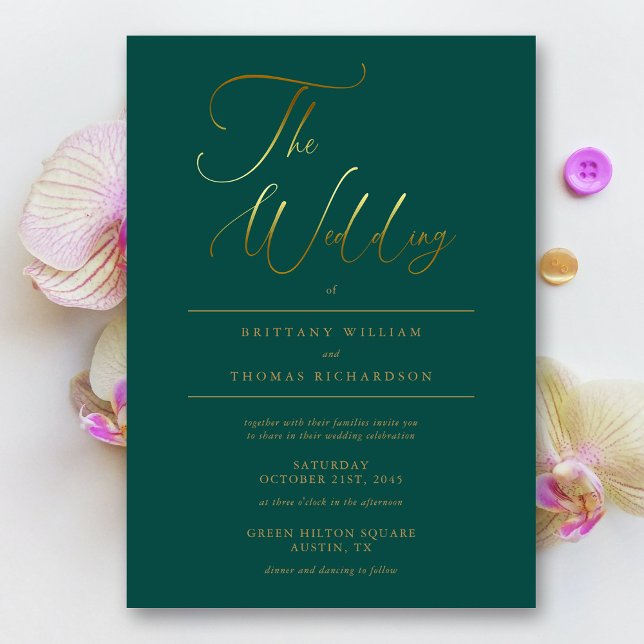 Elegante Emerald Green & Gold Calligraphy Wedding Einladung (Elegant Emerald Green & Gold Calligraphy Wedding Invitation)