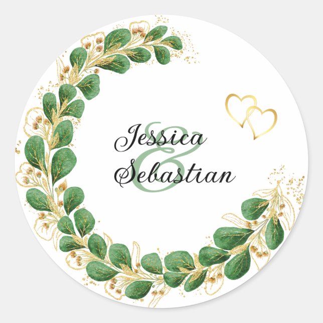 Elegante Emerald Green & Gold Eucalyptus Wedding Runder Aufkleber (Vorderseite)