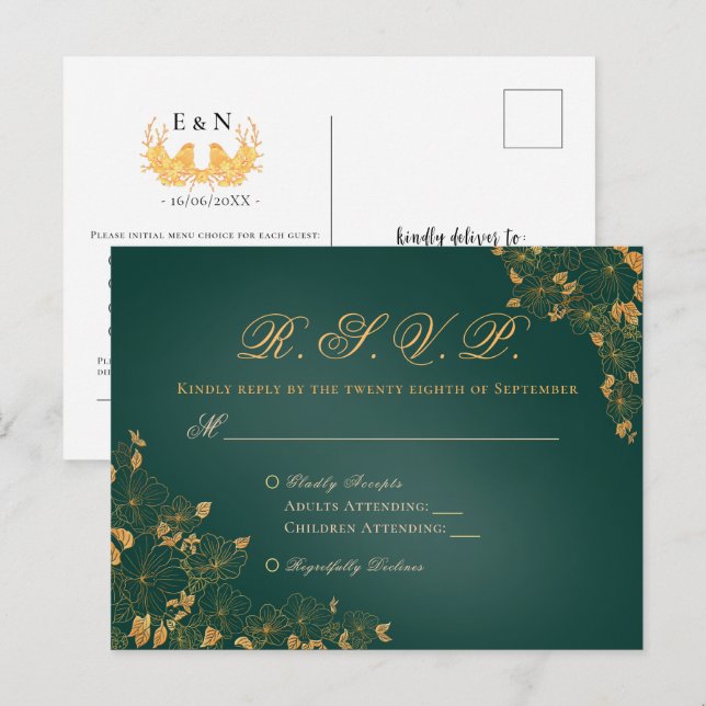 Elegante Emerald Green & Gold Floral Wedding RSVP Postkarte (Vorne/Hinten)