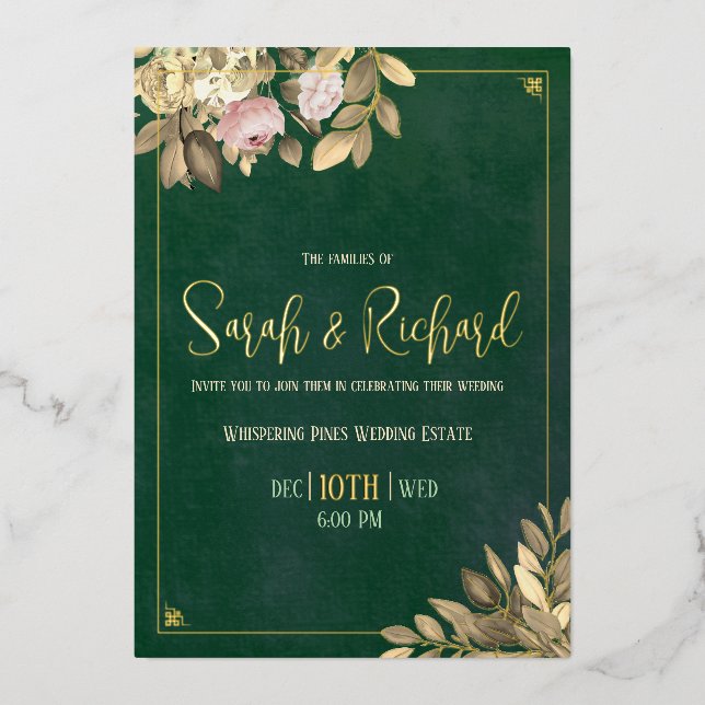 Elegante Emerald Green Gold Foil Wedding Folieneinladung (Vorderseite)