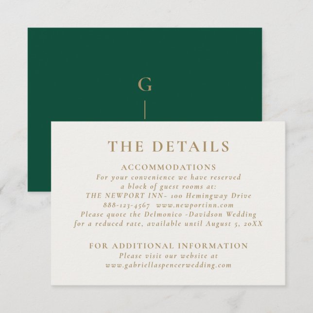 Elegante Emerald Green Gold Hochzeiten Details Begleitkarte (Vorne/Hinten)