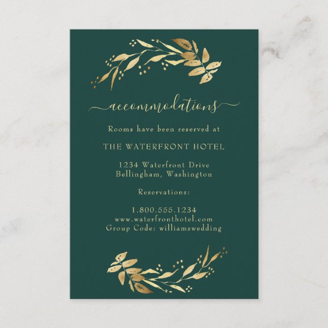 Elegante Emerald Green Gold Hochzeitsunterkünfte Begleitkarte (Vorderseite)