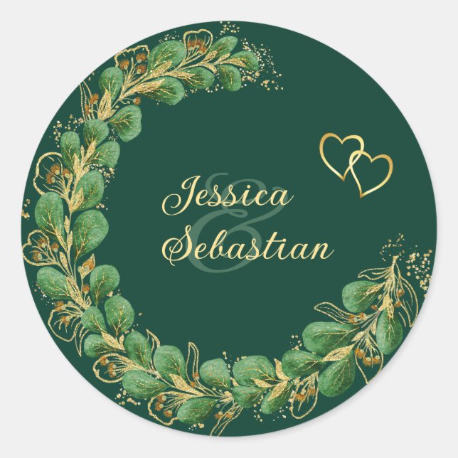 Elegante Emerald Green & Gold Jewel Tone Wedding Runder Aufkleber (Vorderseite)