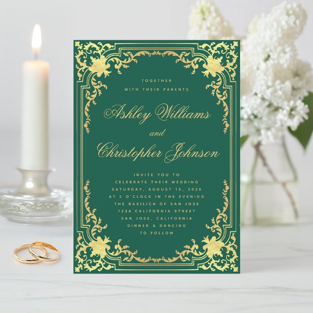 Elegante Emerald Green Gold Vintage Verzierte Hoch Einladung (Von Creator hochgeladen)