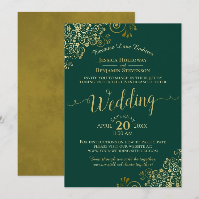 Elegante Emerald Green & Gold Wedding Livestream Einladung (Vorne/Hinten)