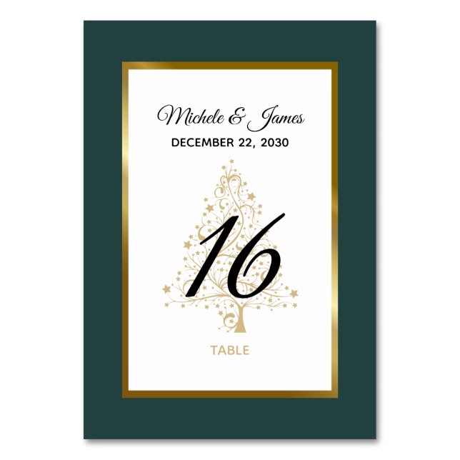 Elegante Emerald Green Gold Winter Holiday Wedding Tischnummer (Vorderseite)