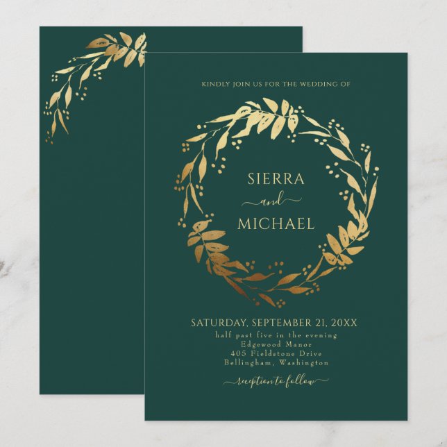 Elegante Emerald Green Golden Wreath Wedding Einladung (Vorne/Hinten)