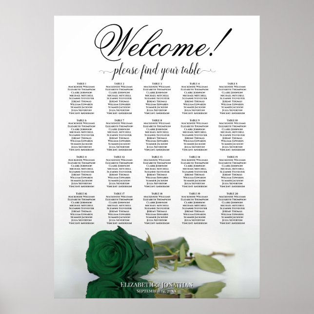 Elegante Emerald Green Rose 20 Table Seating Chart Poster (Vorne)