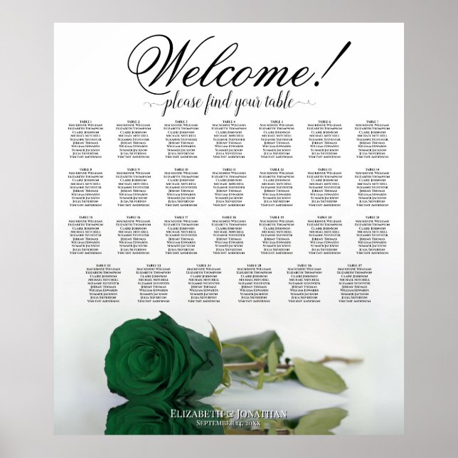 Elegante Emerald Green Rose 27 Table Seating Chart Poster (Vorne)