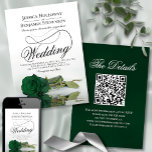 Elegante Emerald Green Rose Extravagant QR Code We Einladung<br><div class="desc">Diese wunderschöne Hochzeitseinladung zeigt ein wunderschönes Foto eines Single, der sich auf einer Seite in smaragdgrünen Rose befindet und in einem Wasserbecken mit Wellen und Wellen reflektiert. Das Design verfügt über ein extravagantes Kalligraphieskript mit einem langen, lockigen Schwanz, was es sowohl modern als auch klassisch macht. Elegante, raffinierte und schicke...</div>
