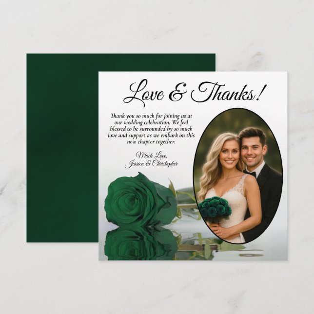 Elegante Emerald Green Rose Oval Foto Hochzeit Dankeskarte (Vorne/Hinten)