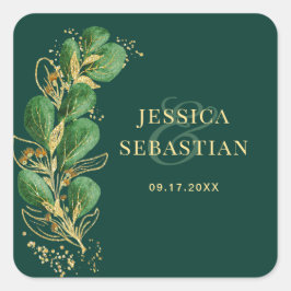 Elegante Emerald Green und Gold Eucalyptus Wedding Quadratischer Aufkleber