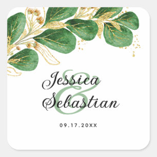 Elegante Emerald Green und Gold Eucalyptus Wedding Quadratischer Aufkleber