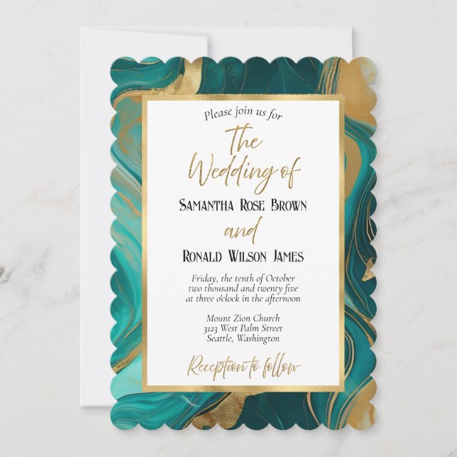 Elegante Emerald Green und Gold Wedding Einladung (Vorderseite)