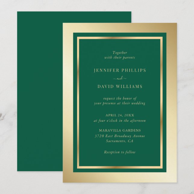 Elegante Emerald Green und Gold Wedding Einladung (Vorne/Hinten)