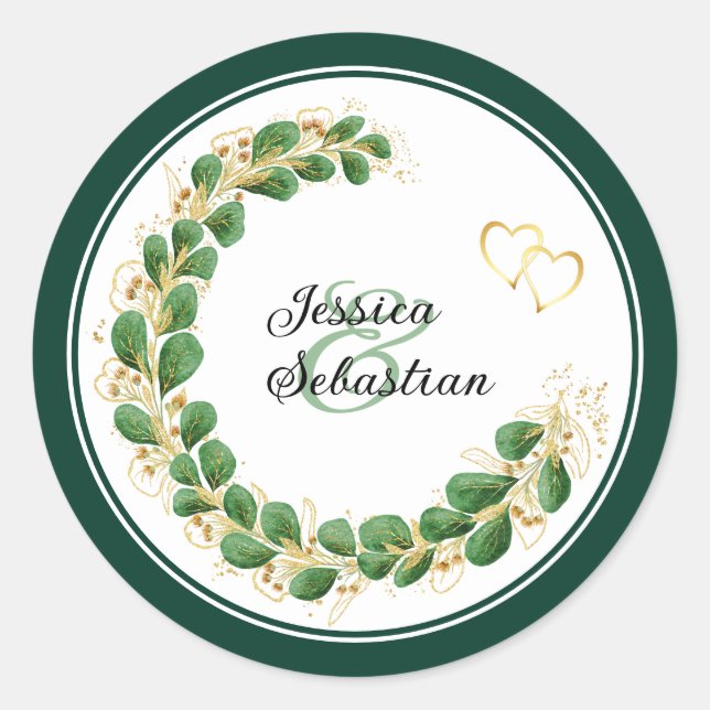Elegante Emerald Green und Gold Wedding Runder Aufkleber (Vorderseite)