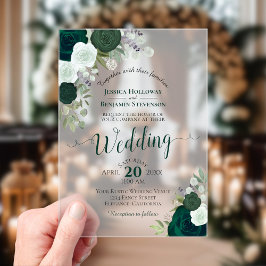 Elegante Emerald Green Watercolor Rose Hochzeit Acryleinladungen