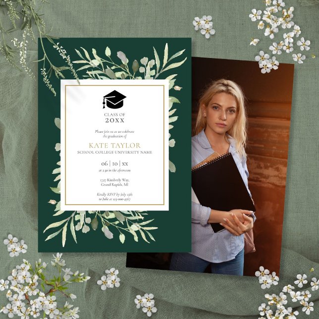 Elegante Emerald Greenery Foto Graduation Party Einladung (Elegant Emerald Greenery Photo Graduation Party Invitation)