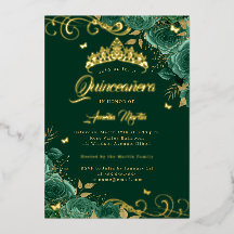 Elegante Emerald Rose Swirl Gold Quinceanera