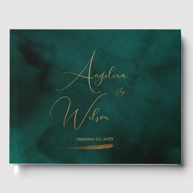 Elegante Emerald- und Gold Script-Hochzeit Gästebuch (Vorderseite)