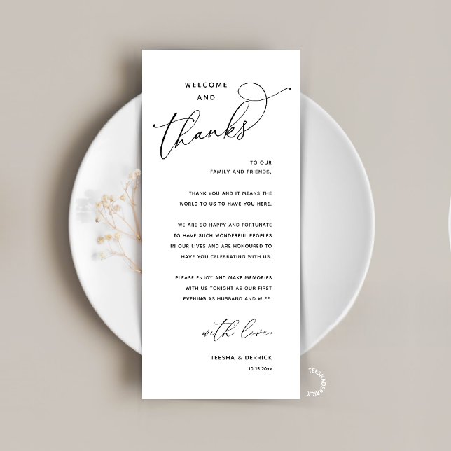 Elegante Empfangs-Gastkarte "Willkommen und Danke" Programm (Elegant Wedding Reception "Welcome and Thanks" Table Card for Guest in Black White)