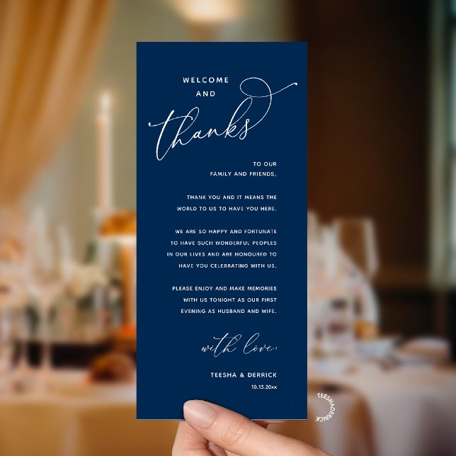 Elegante Empfangs-Gastkarte "Willkommen und Danke" Programm (Modern Elegant Wedding Reception "Welcome and Thanks" Table Card for Guest in Navy Blue)
