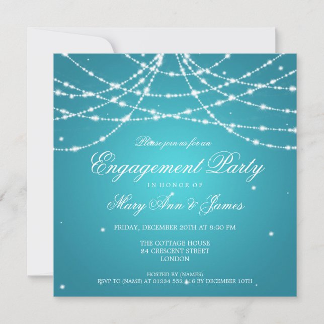 Elegante Engagement Party Sparkling String Turquoi Einladung (Vorderseite)