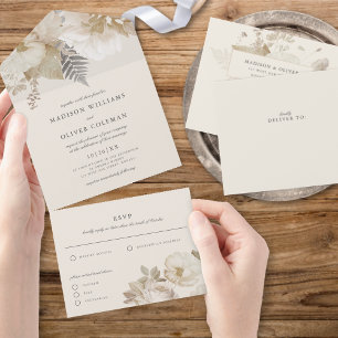 Elegante erdige florale botanische Creme-Hochzeit All In One Einladung