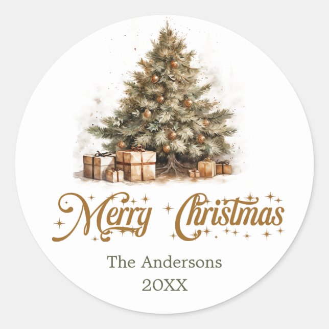 Elegante Erdtönen Grüne Gold Weihnachtsbaum Runder Aufkleber (Vorderseite)