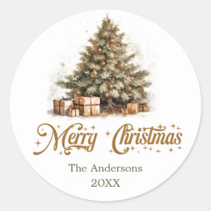 Elegante Erdtönen Grüne Gold Weihnachtsbaum Runder Aufkleber