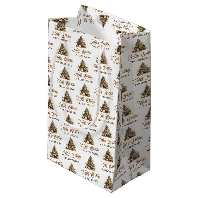 Elegante Erdtönen Weihnachtsbaumpastellgrün Kleine Geschenktüte (Vorderseite Schrägansicht)