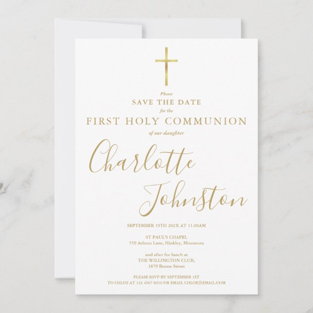 Elegante erste Goldsignatur der Heiligen Kommunion Save The Date (Vorderseite)
