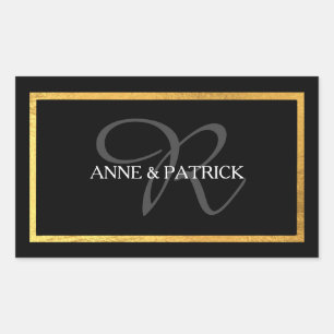 elegante erste Monogramm + Namen, schwarz Hochzeit Rechteckiger Aufkleber
