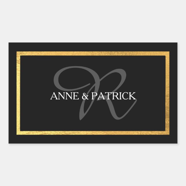 elegante erste Monogramm + Namen, schwarz Hochzeit Rechteckiger Aufkleber (Vorderseite)