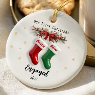 Elegante erste Weihnachten verlobte Strümpfe Keramik Ornament