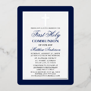 Elegante Erstkommunion Kreuz Silberrahmen Folieneinladung