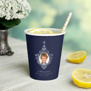 Elegante Erstkommunion Navyblaue Jungen-Foto Pappbecher