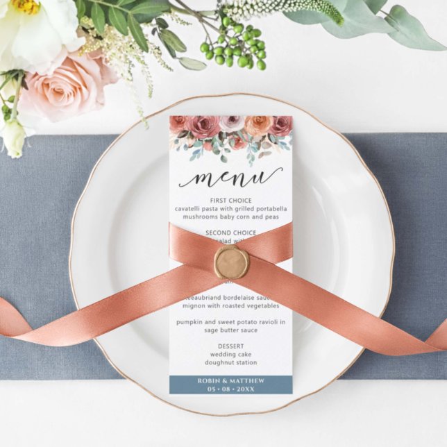 Elégante Ethérée Bleue Dusty, Menu Mariage Floral (Créateur téléchargé)