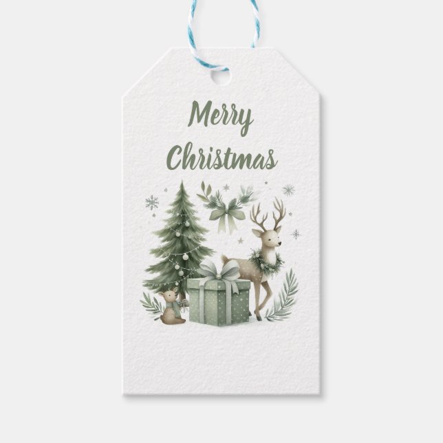 Élégante étiquette cadeau de Noël Arbres et rennes (Devant)