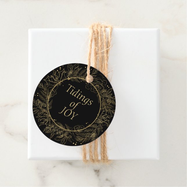 Élégante étiquette cadeau de Noël noir et or (En situation)