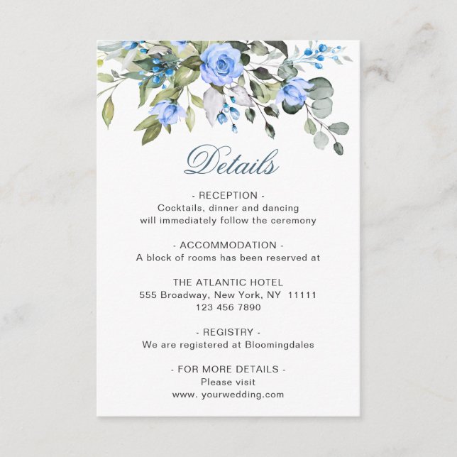 Elegante Eucalyptus Blue Rose Hochzeitdetails Begleitkarte (Vorderseite)