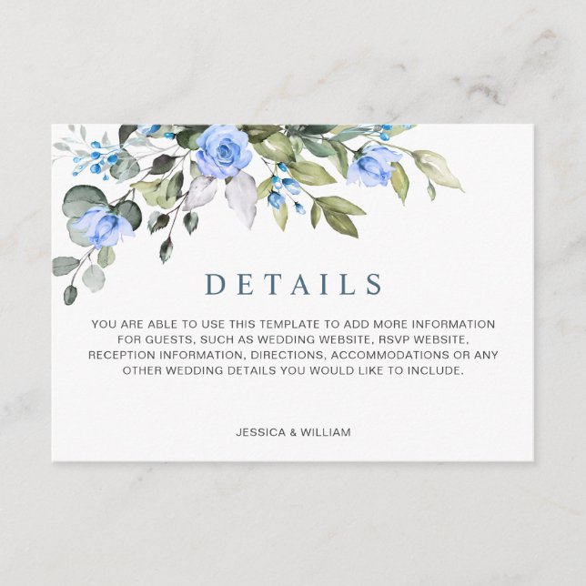Elegante Eucalyptus Blue Rose Hochzeitdetails Begleitkarte (Vorderseite)