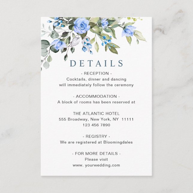 Elegante Eucalyptus Blue Rose Hochzeitdetails Begleitkarte (Vorderseite)