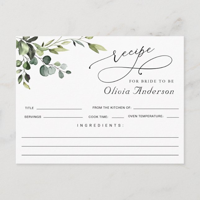 Elegante Eucalyptus Boho Brautparty Rezept Card Postkarte (Vorderseite)