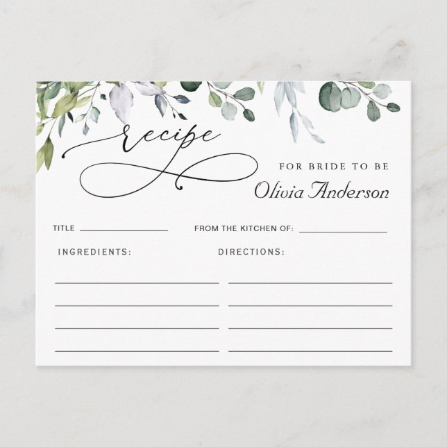 Elegante Eucalyptus Brautparty Rezept Card Postkarte (Vorderseite)