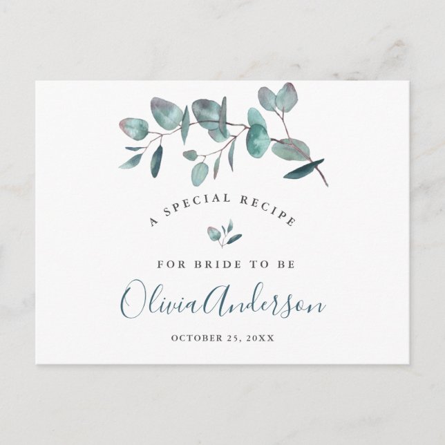 Elegante Eucalyptus Brautparty Rezept Card Postkarte (Vorderseite)