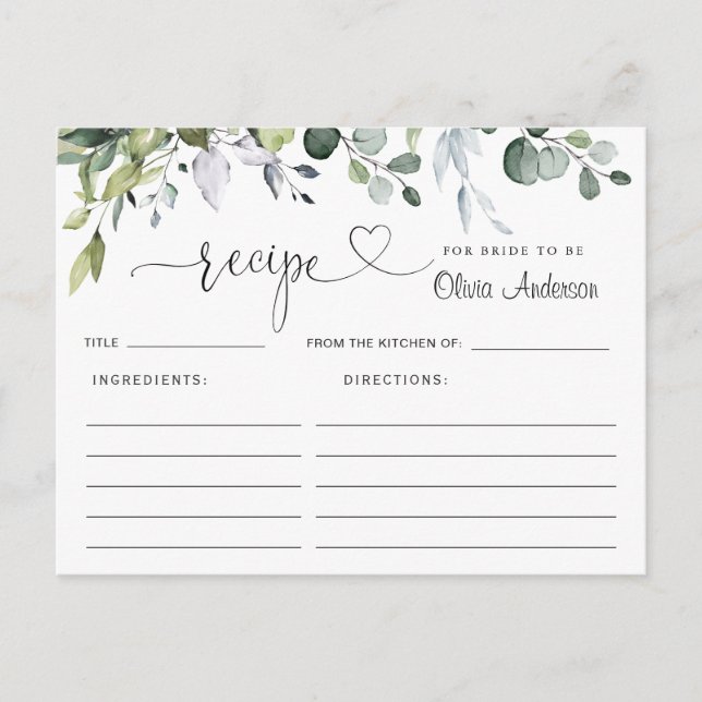 Elegante Eucalyptus Brautparty Rezept Card Postkarte (Vorderseite)