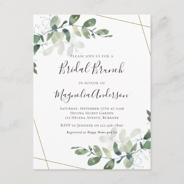 Élégante Eucalyptus Bridal Brunch Invitation Postc (Devant)