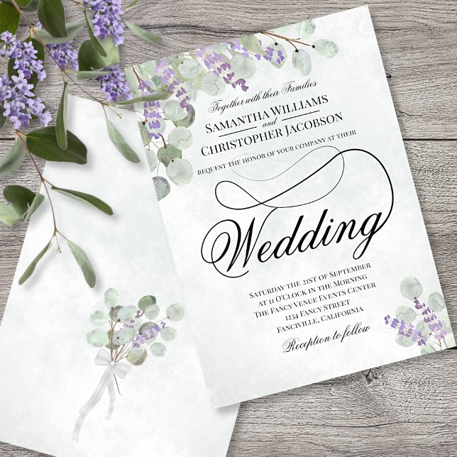 Elegante Eucalyptus & Lavender Sage Green Wedding Einladung (Front and Back)