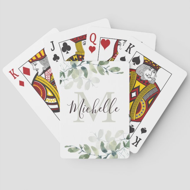 Elegante Eucalyptus Monogram Script Name Spielkarten (Rückseite)